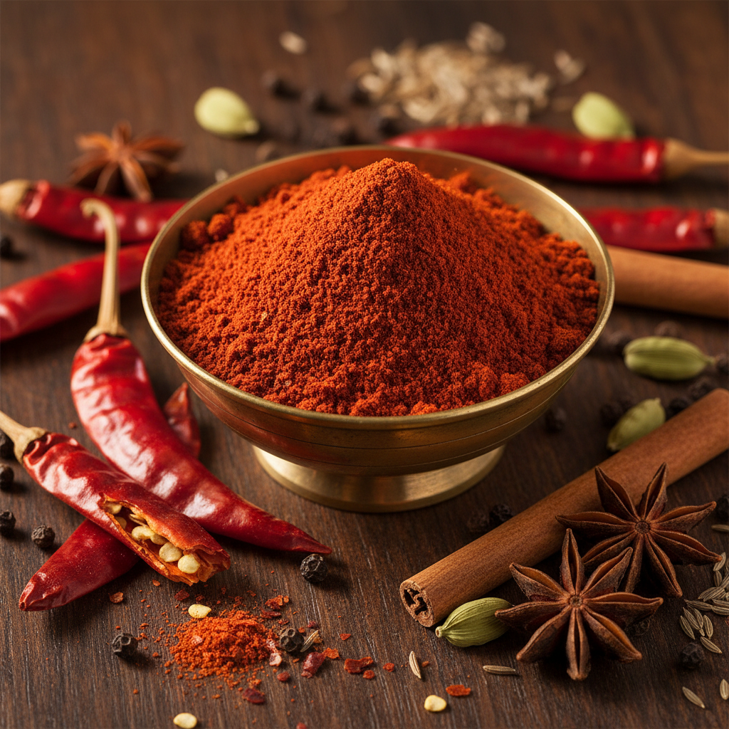 Kerala Red Chilli Powder in a brass bowl